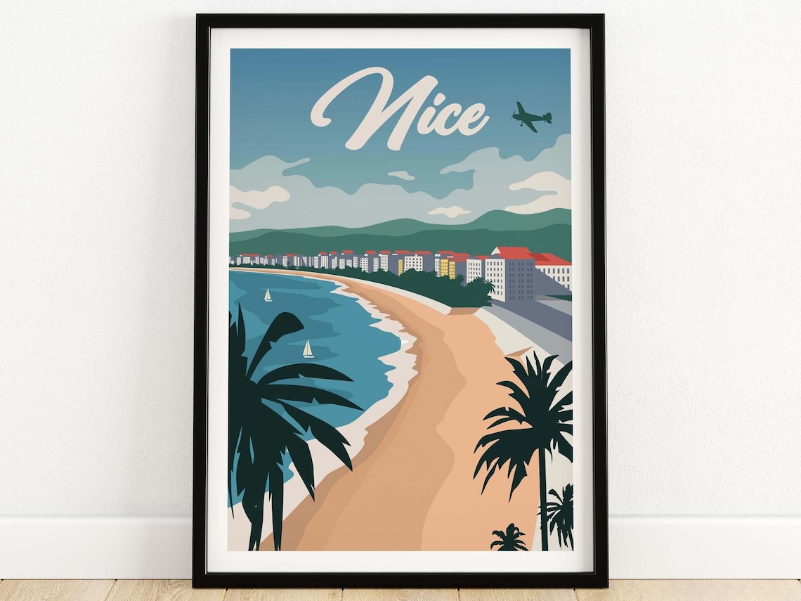 Nice France Skyline Poster, Retro Travel Art Print