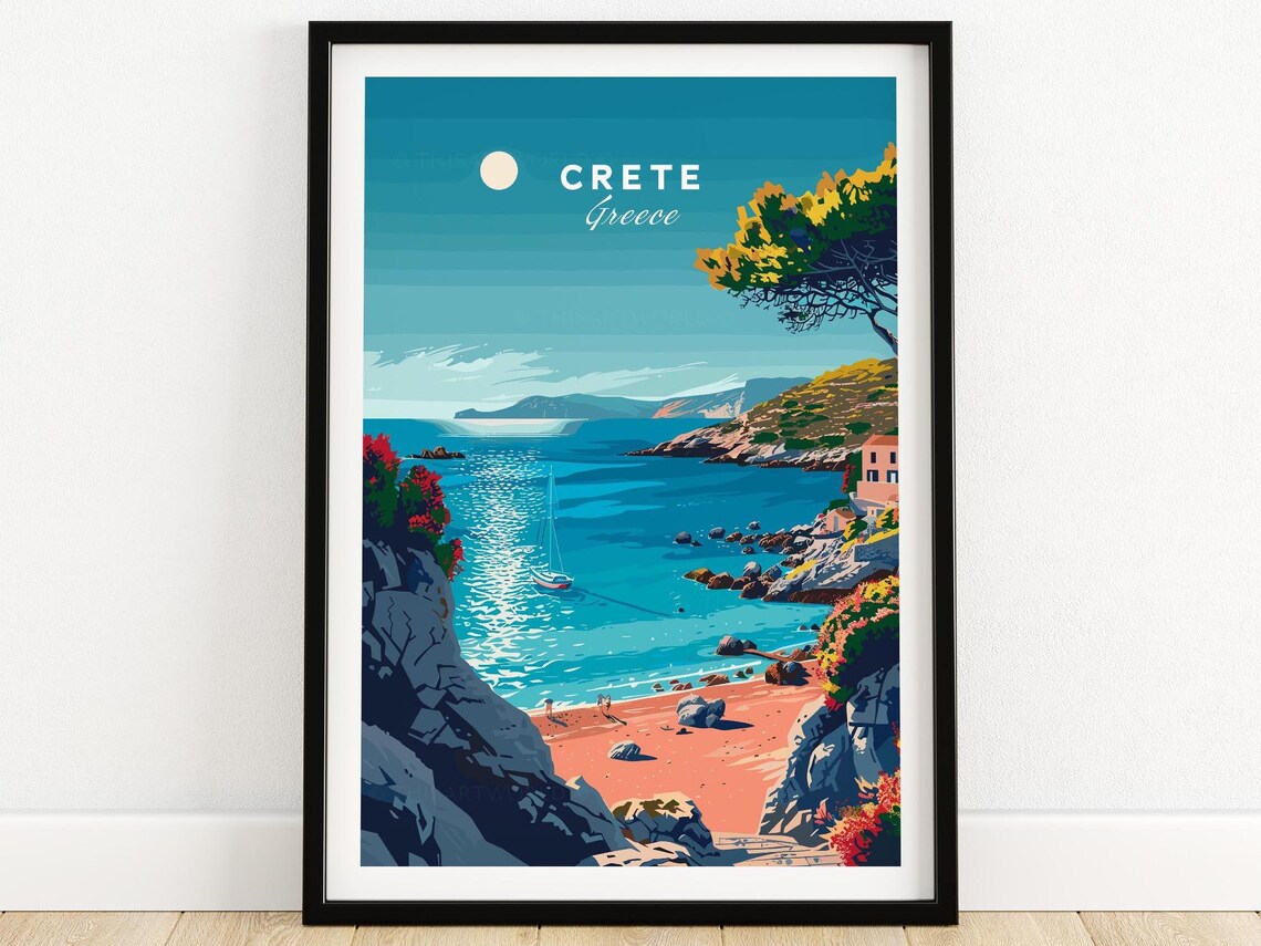 Crete Greece Moonlit Rocky Cove Sailboat Coastline Art Poster