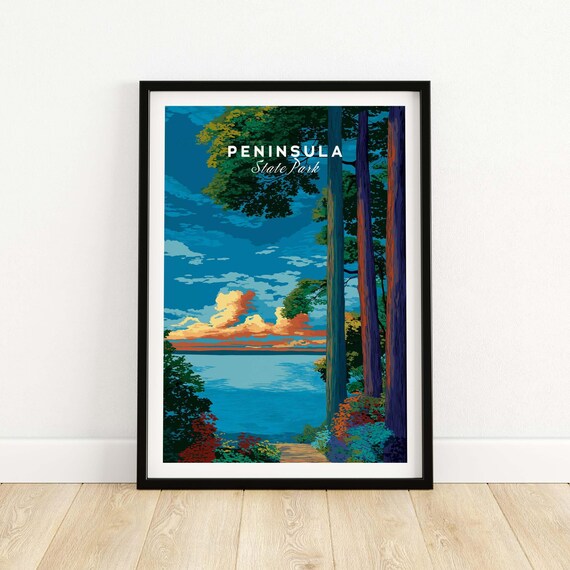Peninsula State Park Sunset Over Lake Forest Path Wisconsin Travel Poster