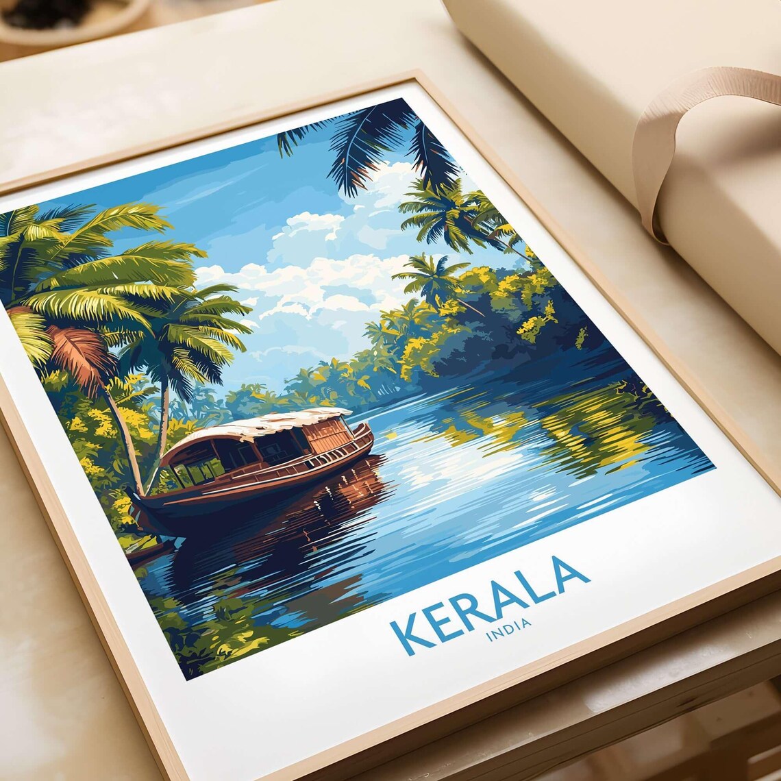 Kerala India Covered Houseboat Palm Trees Vintage Travel Poster
