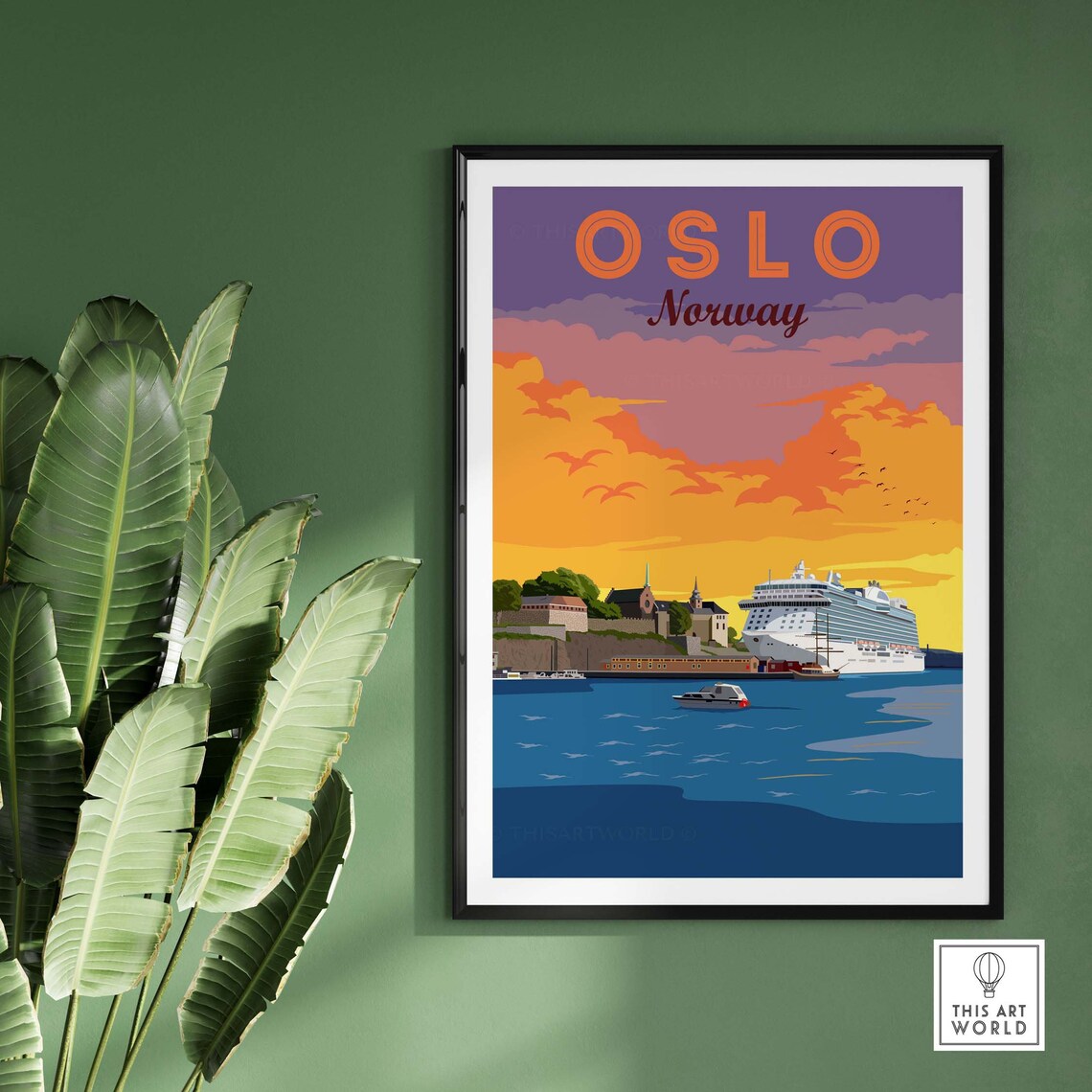 Oslo Norway Harbor Cruise Ship Sunset Sky Vintage Travel Poster - Image 3
