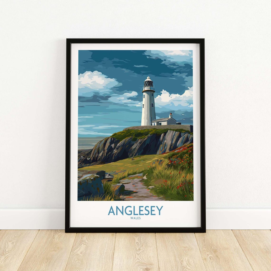 Anglesey Wales Lighthouse Rocky Cliffs Coastal Travel Poster