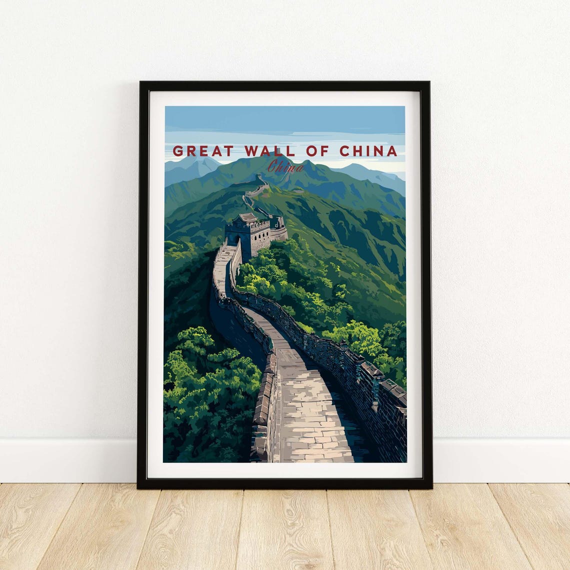 Great Wall of China Daytime Poster with Green Mountain Ridge Walkway