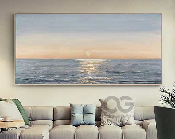 Ocean Sunset Painting Pale Sun Golden Water Reflection Panoramic Wall Art Poster
