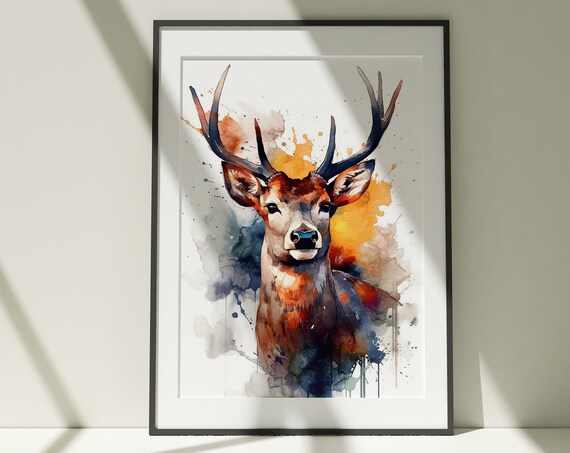 Deer Stag Portrait Watercolor Antler Wildlife Splash Art Poster