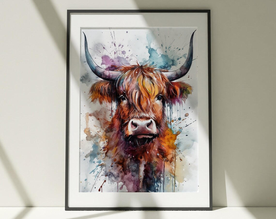 Highland Cow Watercolor Portrait Rustic Farm Animal Art Poster