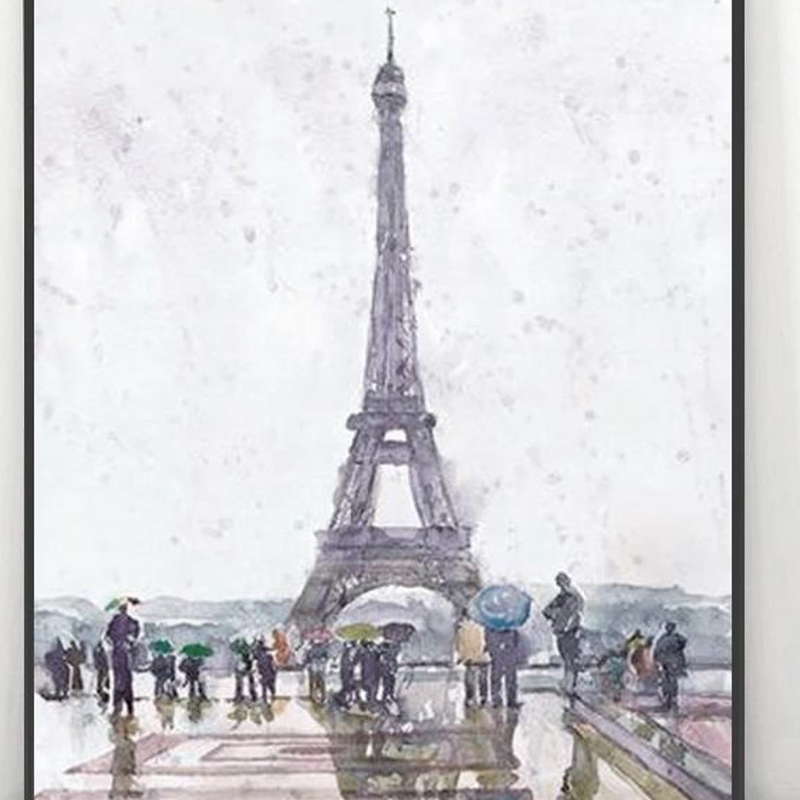 Paris Eiffel Tower Rainy Day Watercolor Tourists Umbrella Poster
