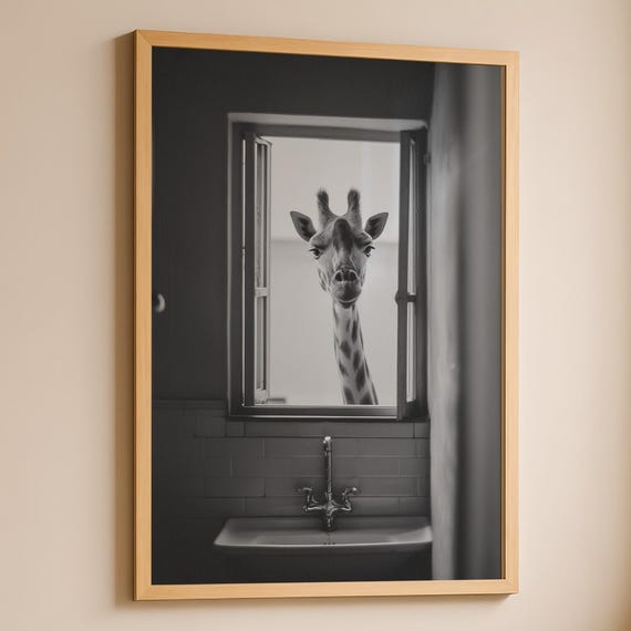 Funny Giraffe Bathroom Print Black And White Restroom Wall Art