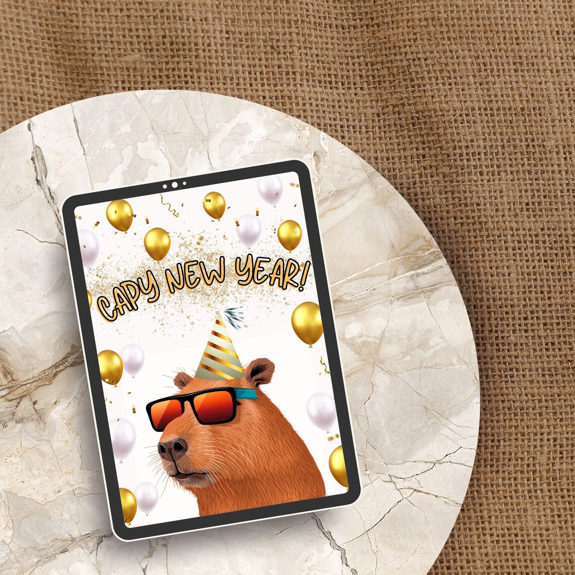 Capy New Year Poster Funny Capybara Party Hat Balloons New Year Print - Image 2