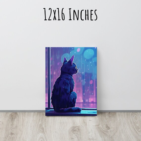 Lofi Black Cat Window Painting Rainy Night Neon Purple Cozy Art Print