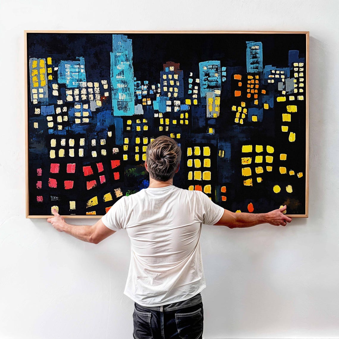 Night City Skyline Glowing Windows Painterly Modern Panoramic Wall Art - Image 4