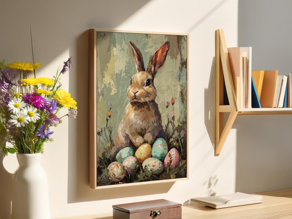 Impressionist Easter Bunny Painted Eggs Spring Meadow Oil Print - Image 4