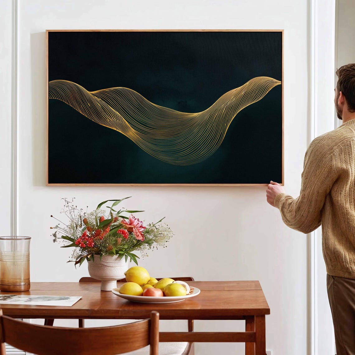 Gold Line Wave Abstract Dark Green Modern Elegant Decor Poster