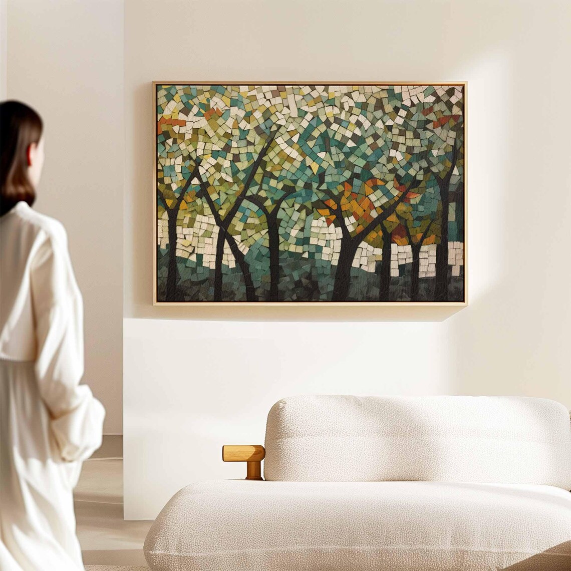 Mosaic Forest Trees Autumn Teal Tiles Modern Nature Art Poster - Image 2