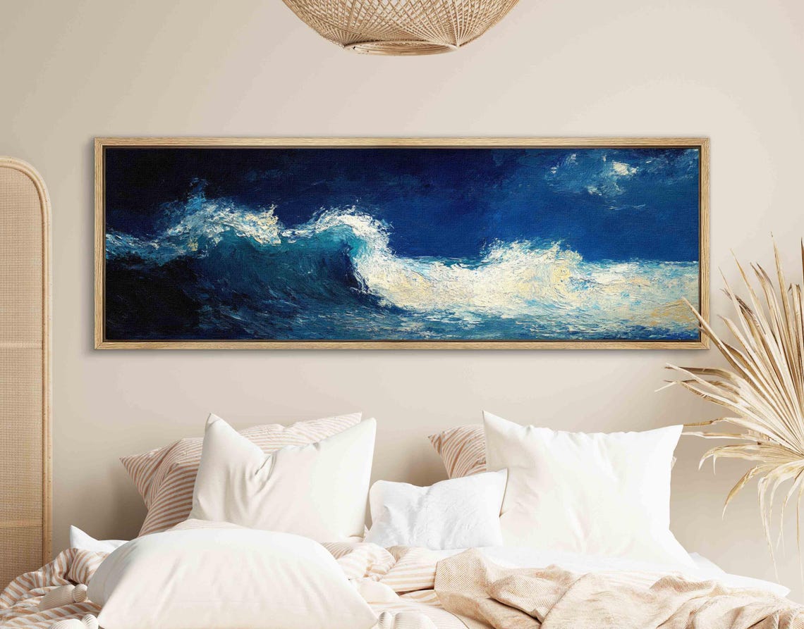 Moonlit Ocean Wave Night Seascape Dark Blue Panoramic Art Poster - Image 2