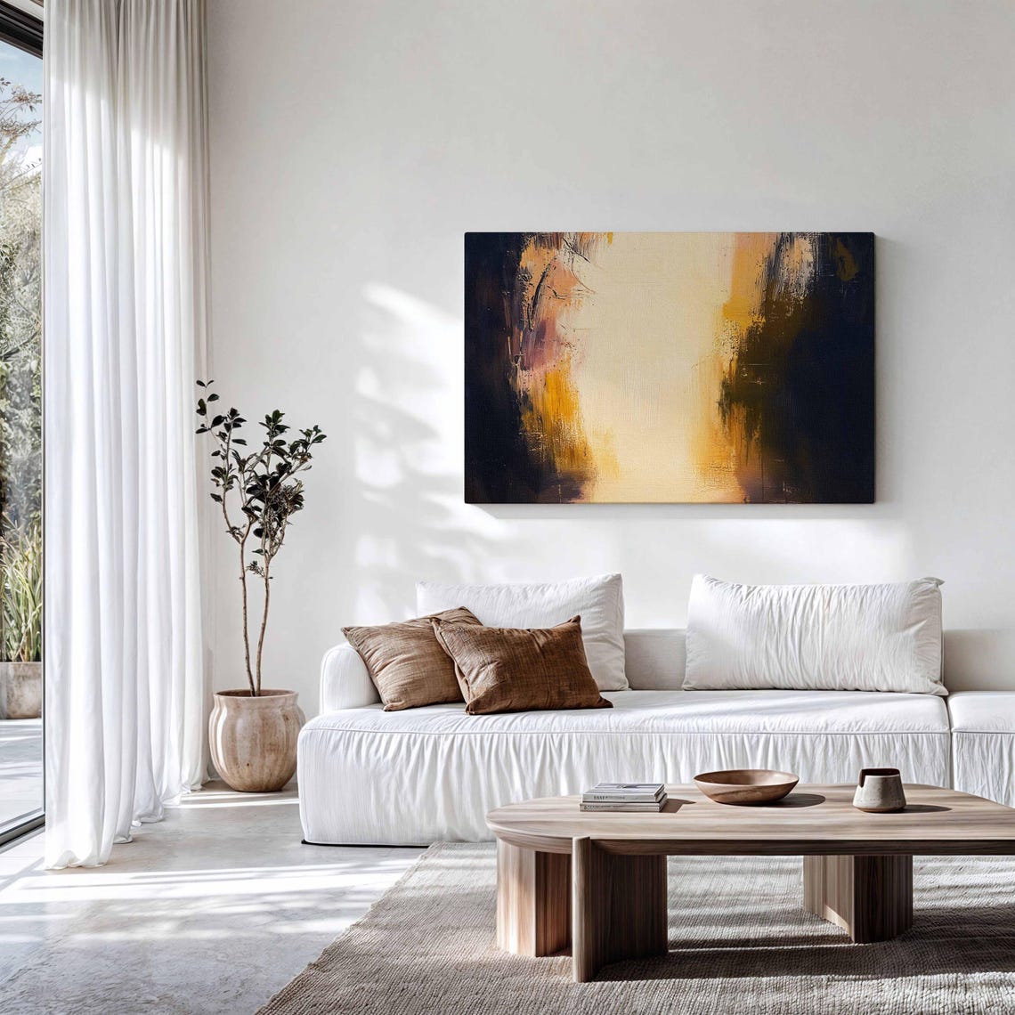 Black Gold Cream Abstract Textured Gradient Painting Modern Wall Art - Image 2