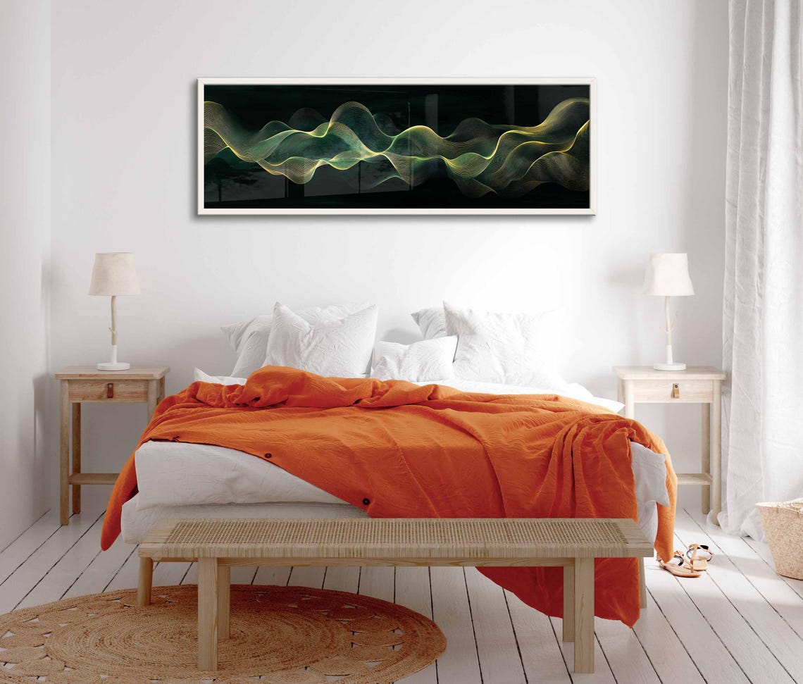 Emerald Gold Flowing Wave Panoramic Abstract Luxury Decor Print - Image 2