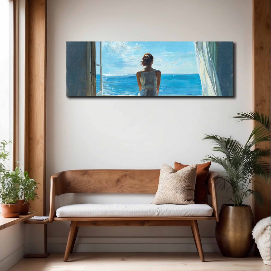 Woman Gazing at Blue Ocean From Open Window Serene Coastal Wall Art - Image 4