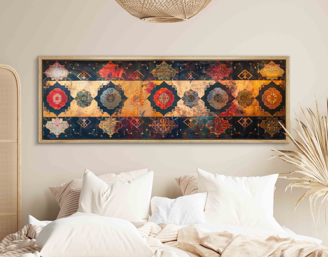 Vintage Gold Tapestry Ornate Medallion Textile Pattern Wall Art - Image 2