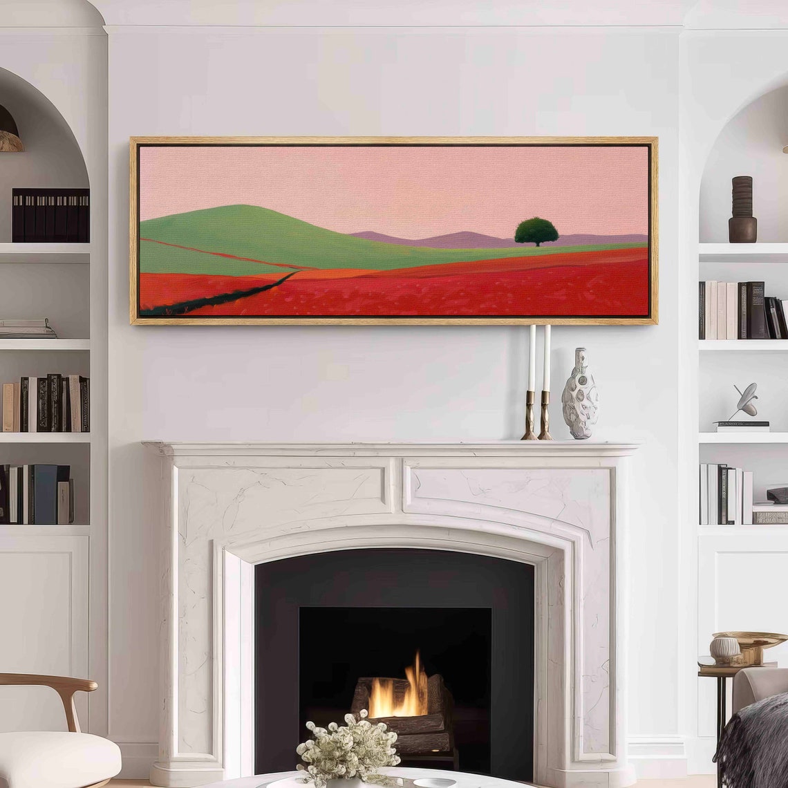 Minimalist Red Field Green Hills Pink Sky Panoramic Framed Art Print - Image 2