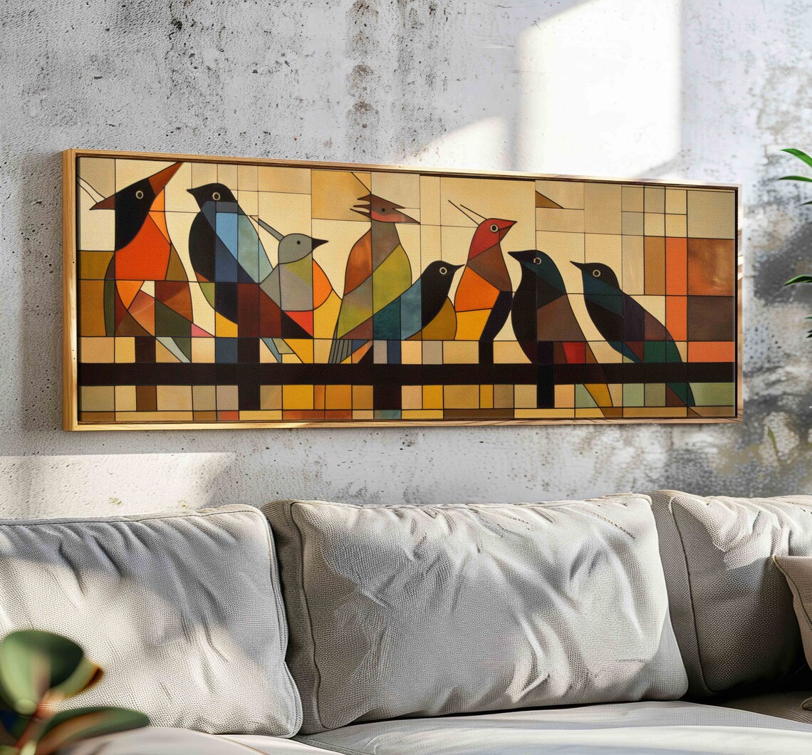 Birds on Wire Mid-Century Modern Panoramic Art Print