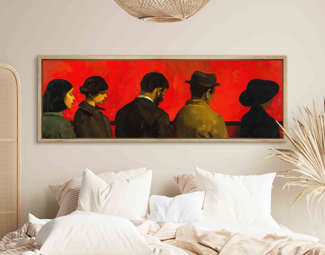 Five Figures From Behind Against Red Wall Panoramic Painting Print - Image 2