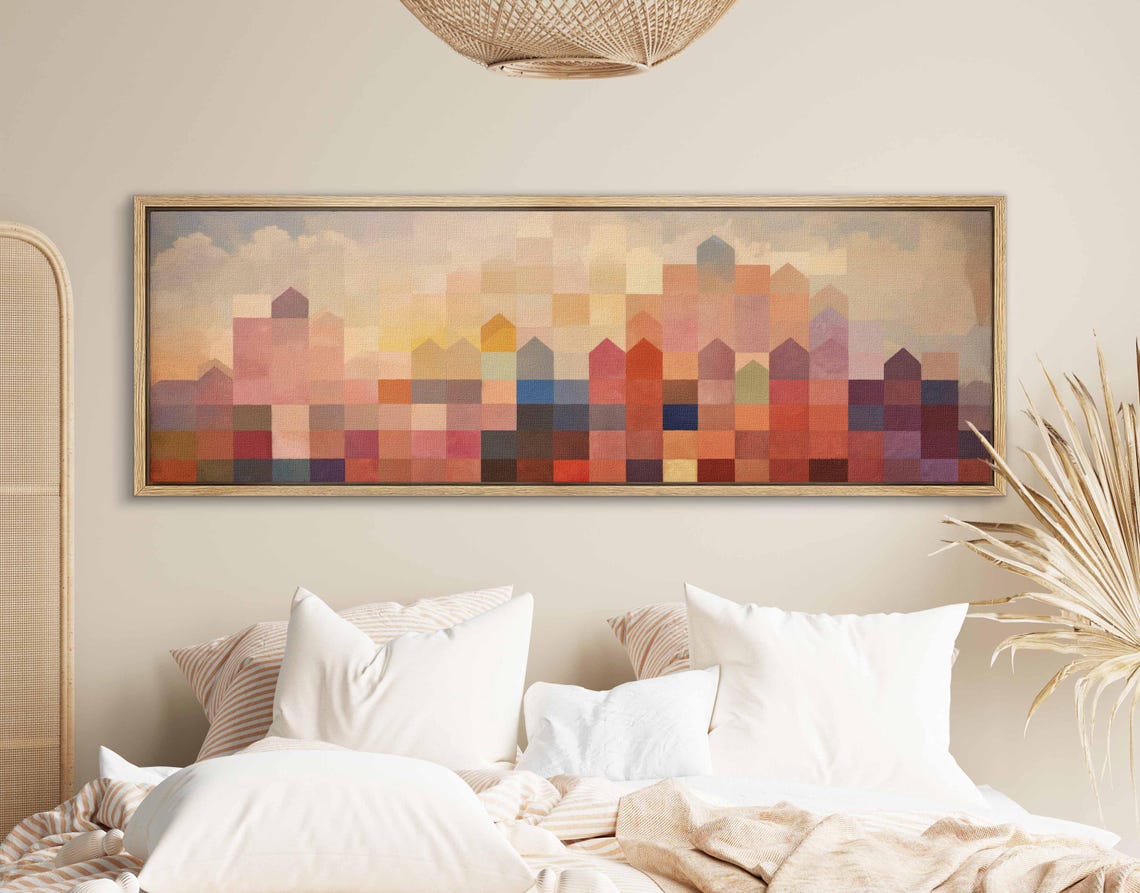 Pixel Mosaic City Skyline Sunset Tiles Panoramic Framed Art Print - Image 2