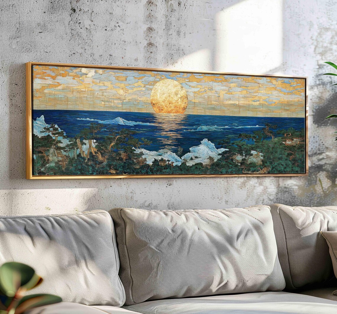 Golden Moon Rising Over Deep Blue Ocean Japanese Seascape Wall Art