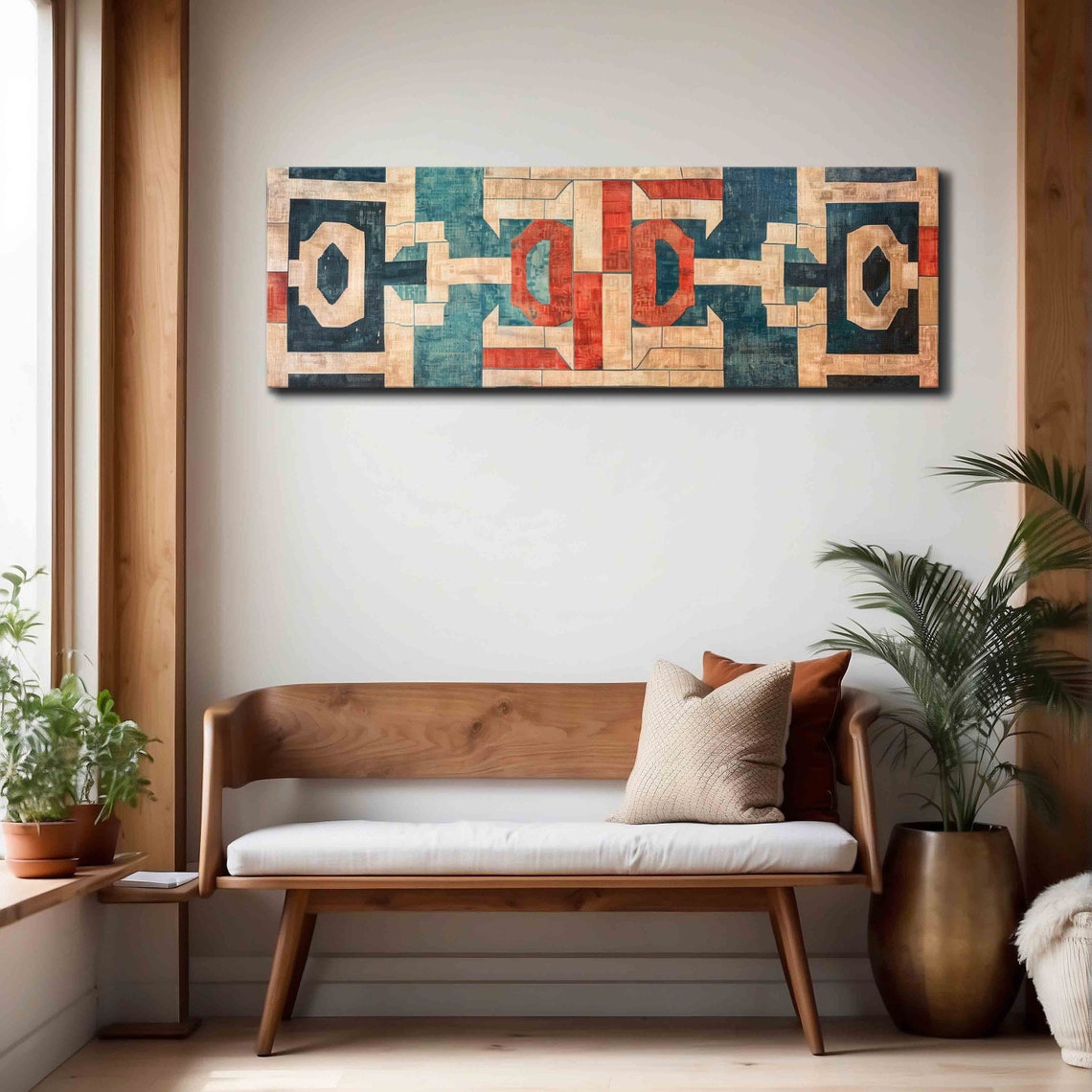 Beige Teal Red Geometric Vintage Tapestry Textile Pattern Wall Art - Image 4