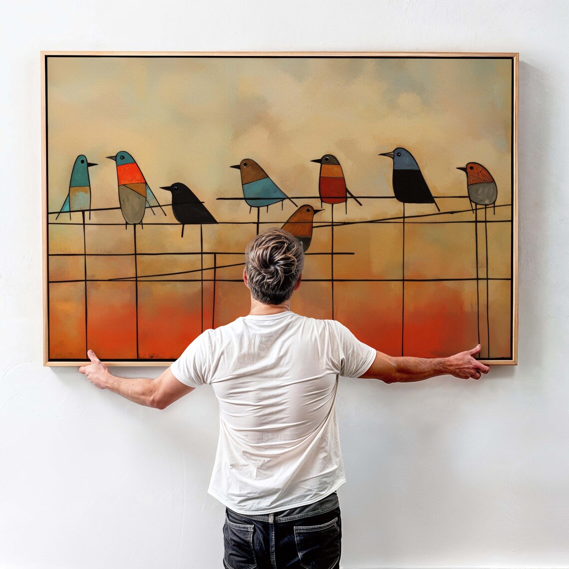 Seven Stylized Birds On Wire Sunset Tones Mid Century Framed Art Print - Image 4