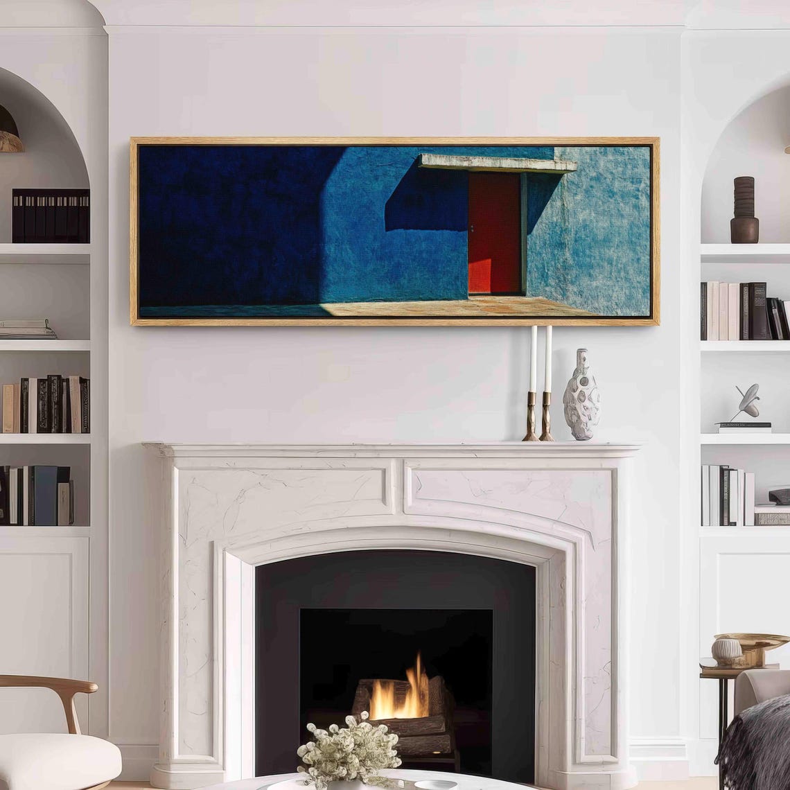 Cobalt Blue Stucco Wall With Red Door Minimal Architecture Wall Art - Image 3