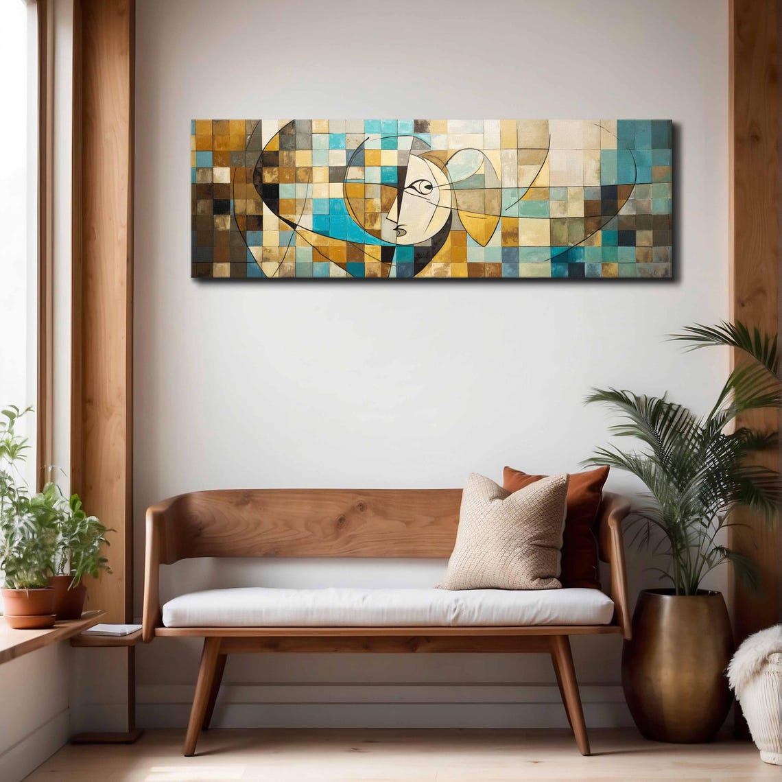Cubist Mosaic Abstract Face Checkered Teal Ochre Panoramic Art Print - Image 4