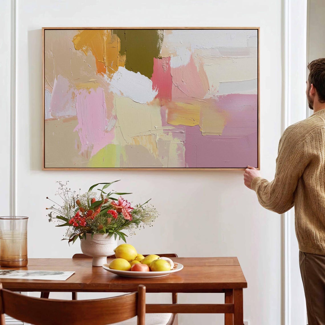 Pastel Abstract Textured Brushwork Pink Yellow Cream Modern Wall Art