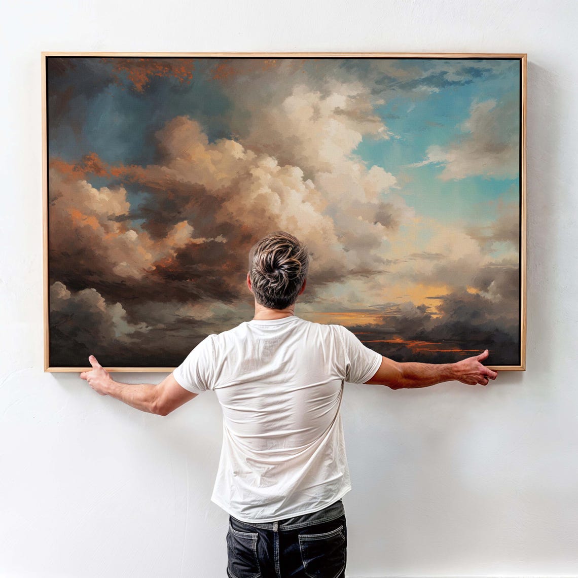 Dramatic Storm Clouds Vintage Sky Painting Panoramic Framed Art Print - Image 4