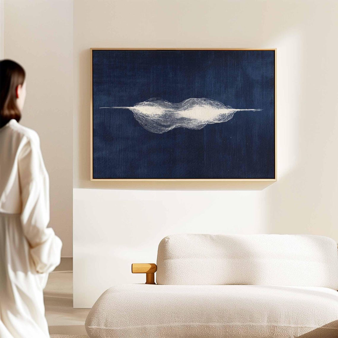 Minimalist White Cloud Burst Deep Navy Blue Abstract Art Poster - Image 2