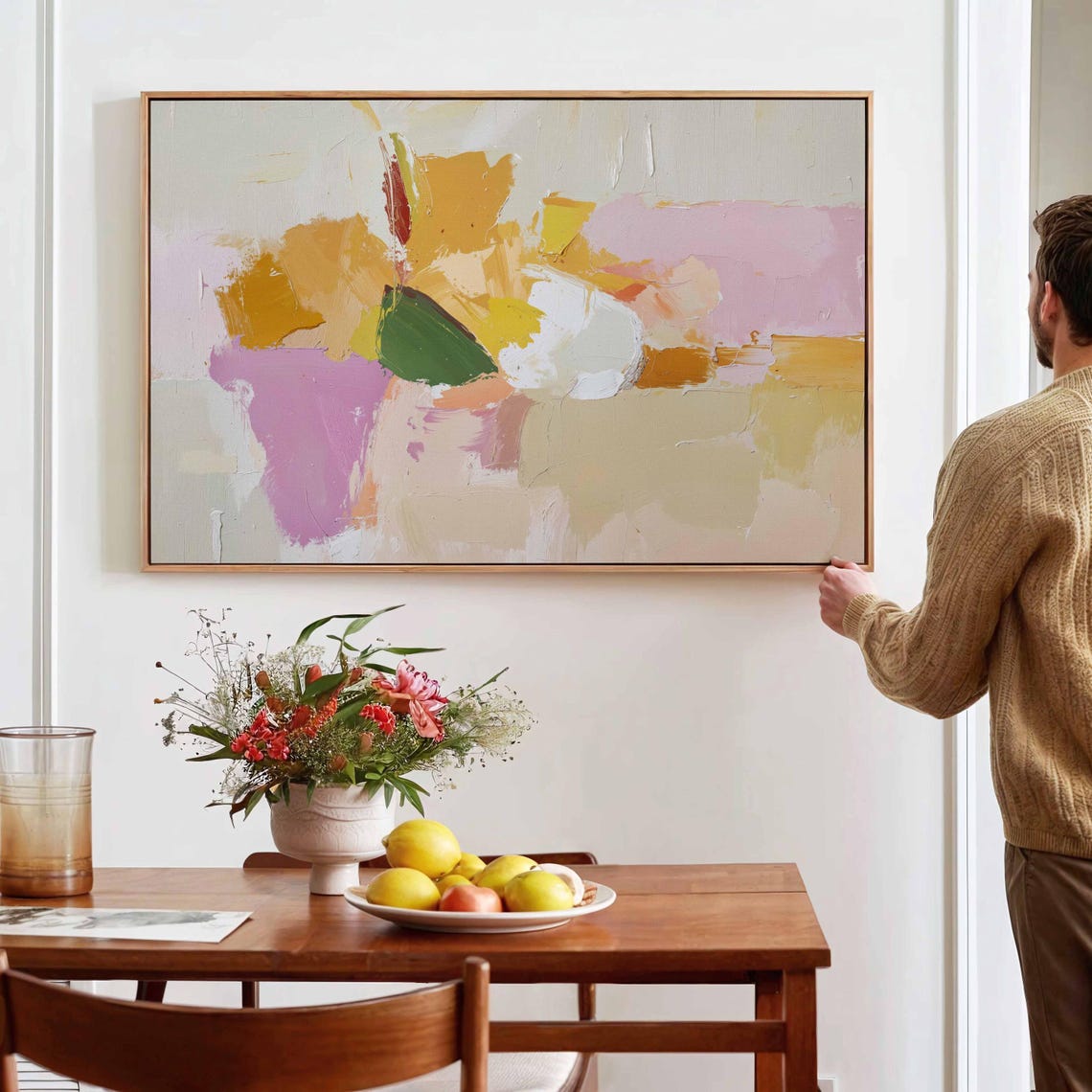 Soft Pastel Abstract Brushstrokes Pink Yellow Cream Modern Wall Art