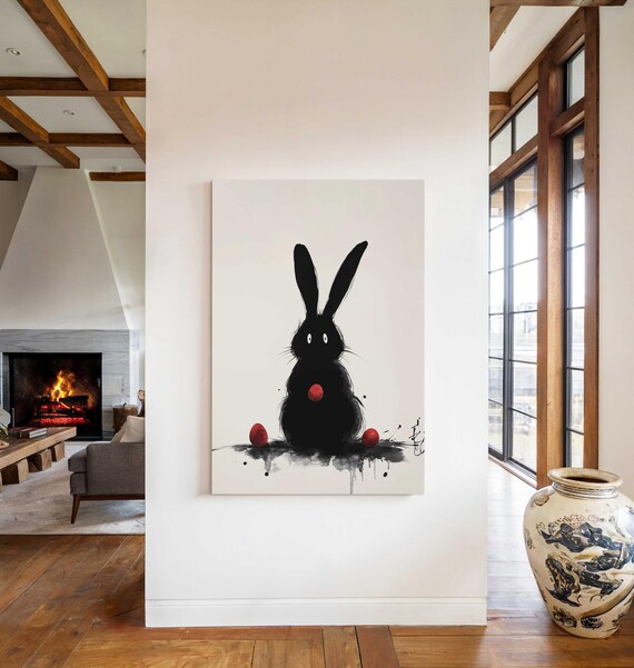Minimalist Black Ink Bunny Rabbit Abstract Easter Egg Art Wall Poster