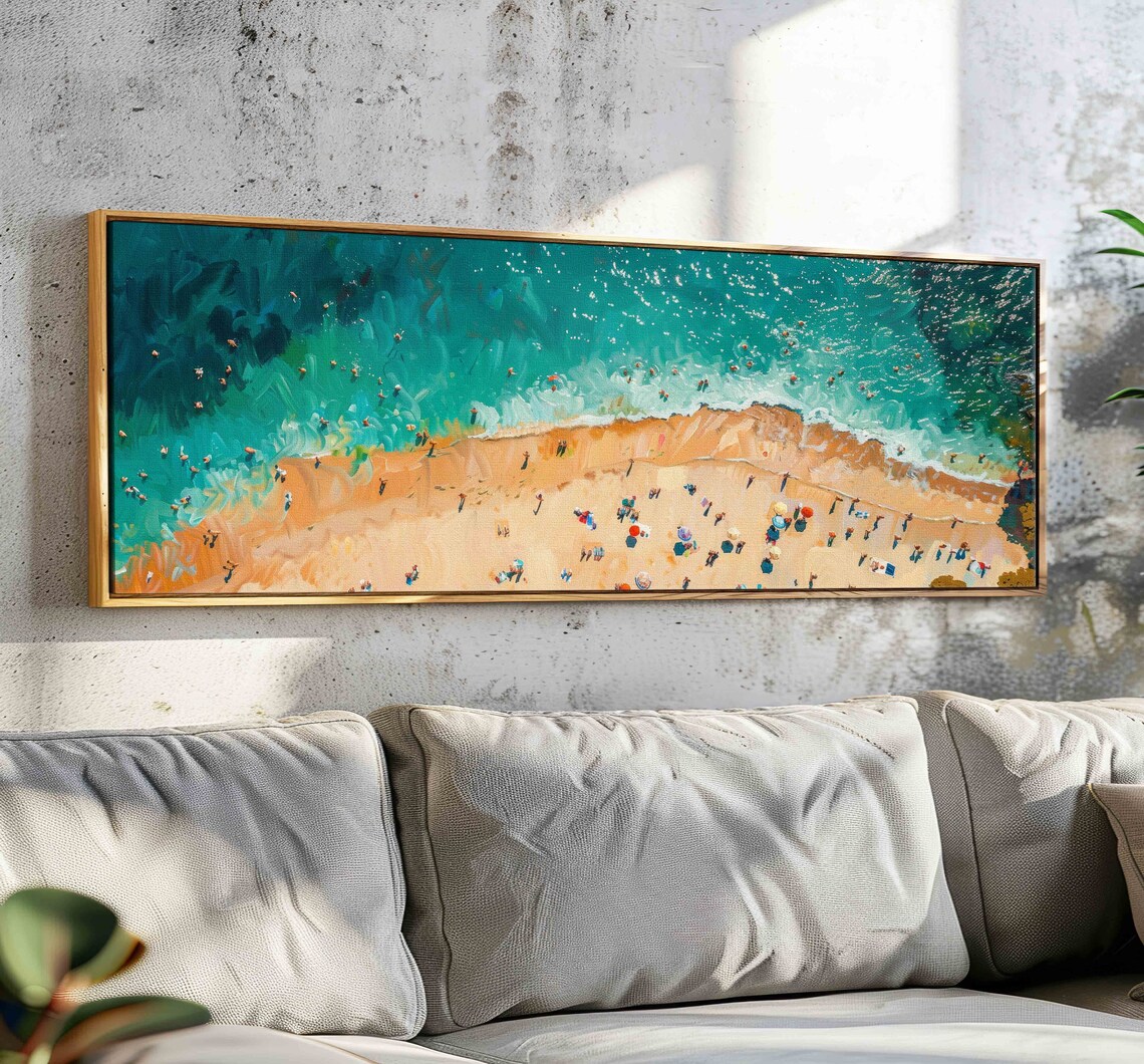 Beach Aerial Painting, Panoramic Summer Art Print
