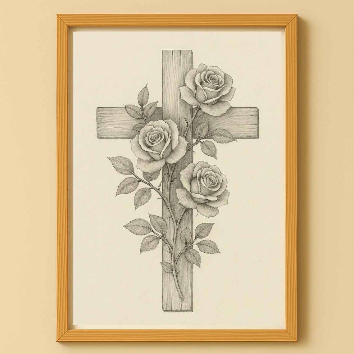Cross With Roses Pencil Drawing Memorial Poster