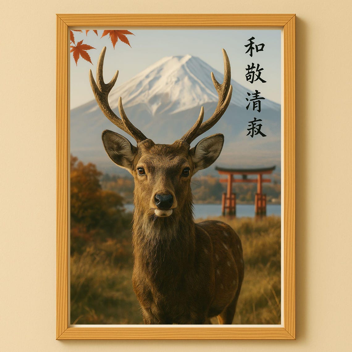Japanese Deer Mount Fuji Torii Autumn Maple Leaves Nature Wall Print
