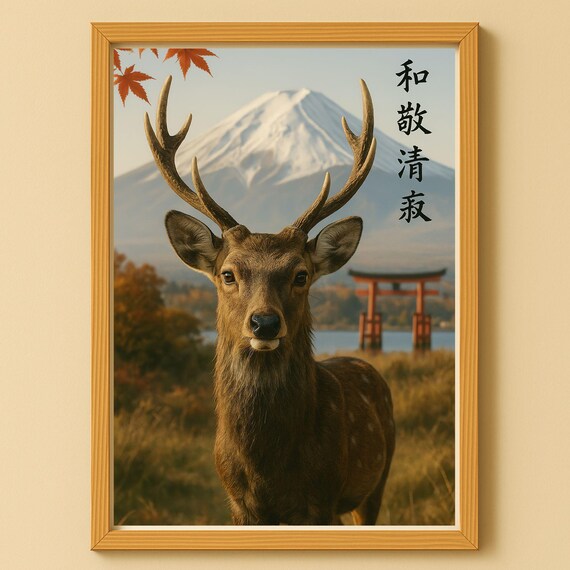 Japanese Deer Mount Fuji Torii Autumn Maple Leaves Nature Wall Print