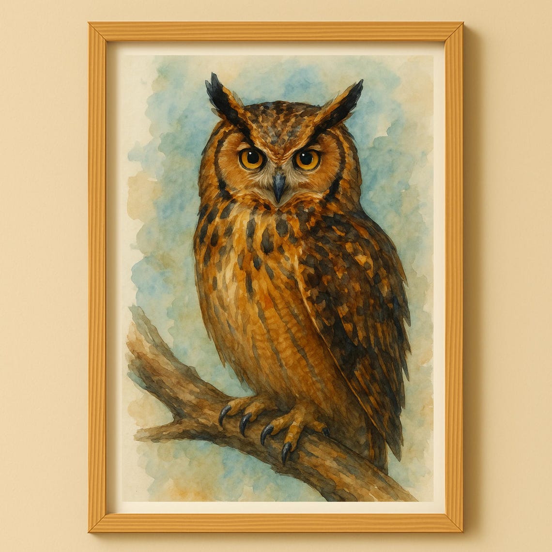 Great Horned Owl Watercolor Majestic Perched Bird Blue Wash Poster