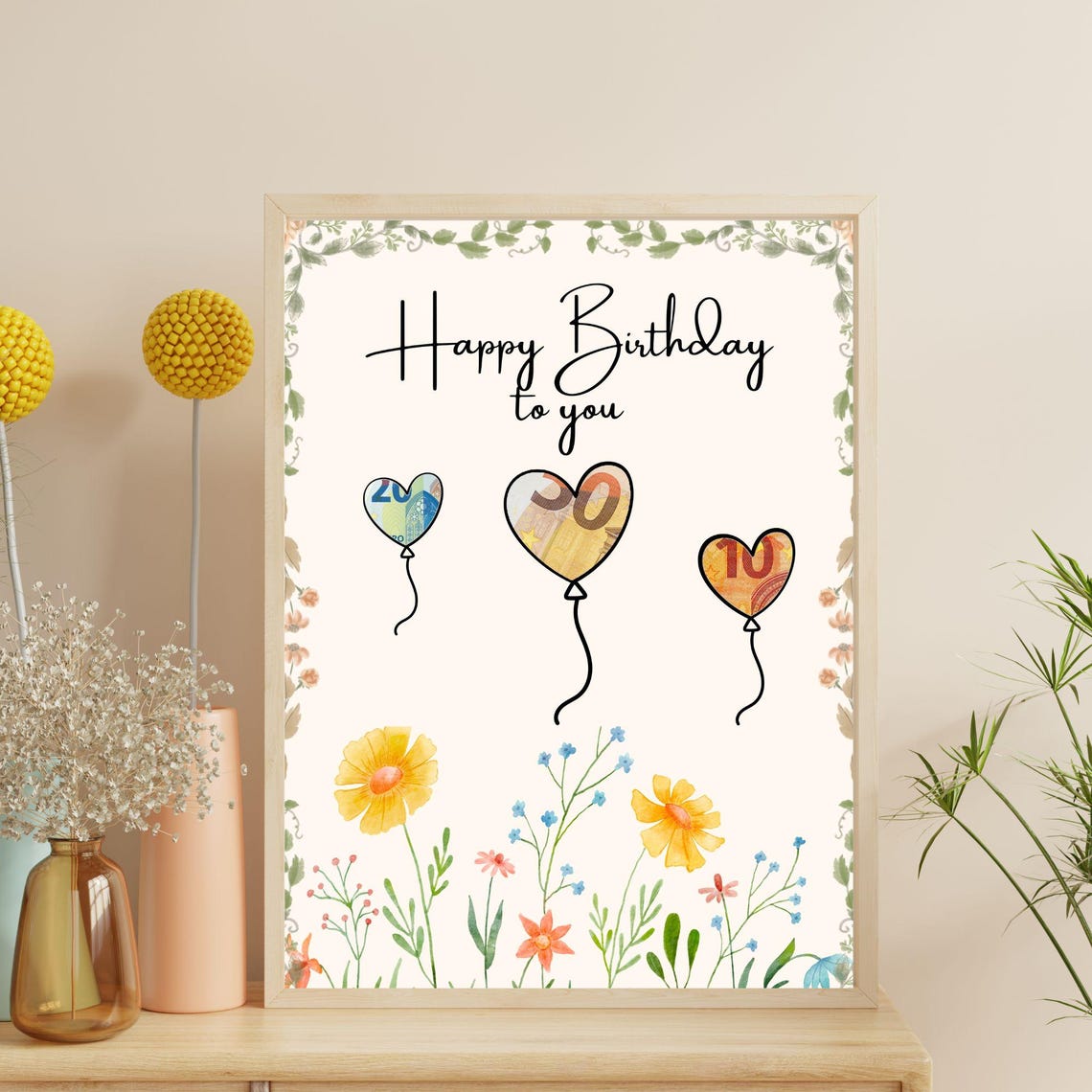Happy Birthday Money Gift Printable with Floral Balloon Design Poster