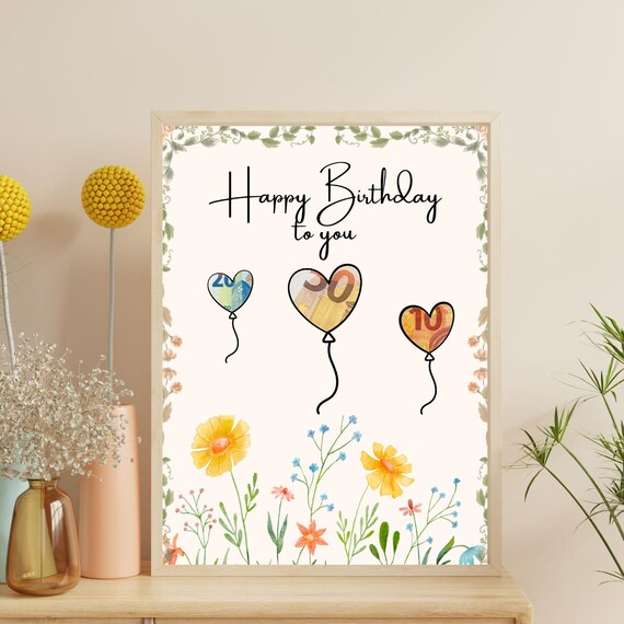 Happy Birthday Money Gift Printable with Floral Balloon Design Poster