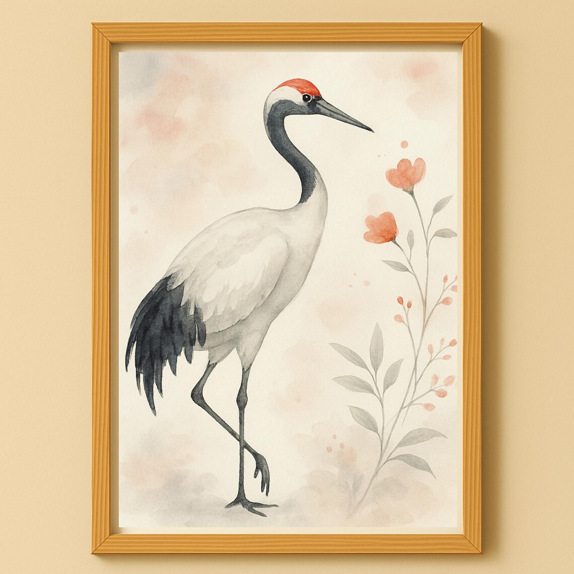 Red Crowned Crane Watercolor Elegant Japanese Bird Floral Poster