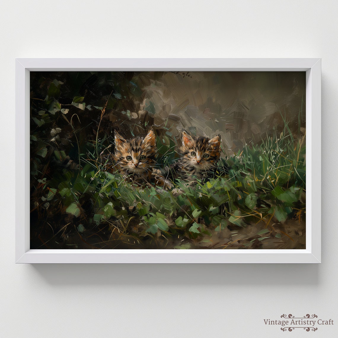 Two Tabby Kittens Peeking Through Grass Vintage Oil Painting Poster - Image 6