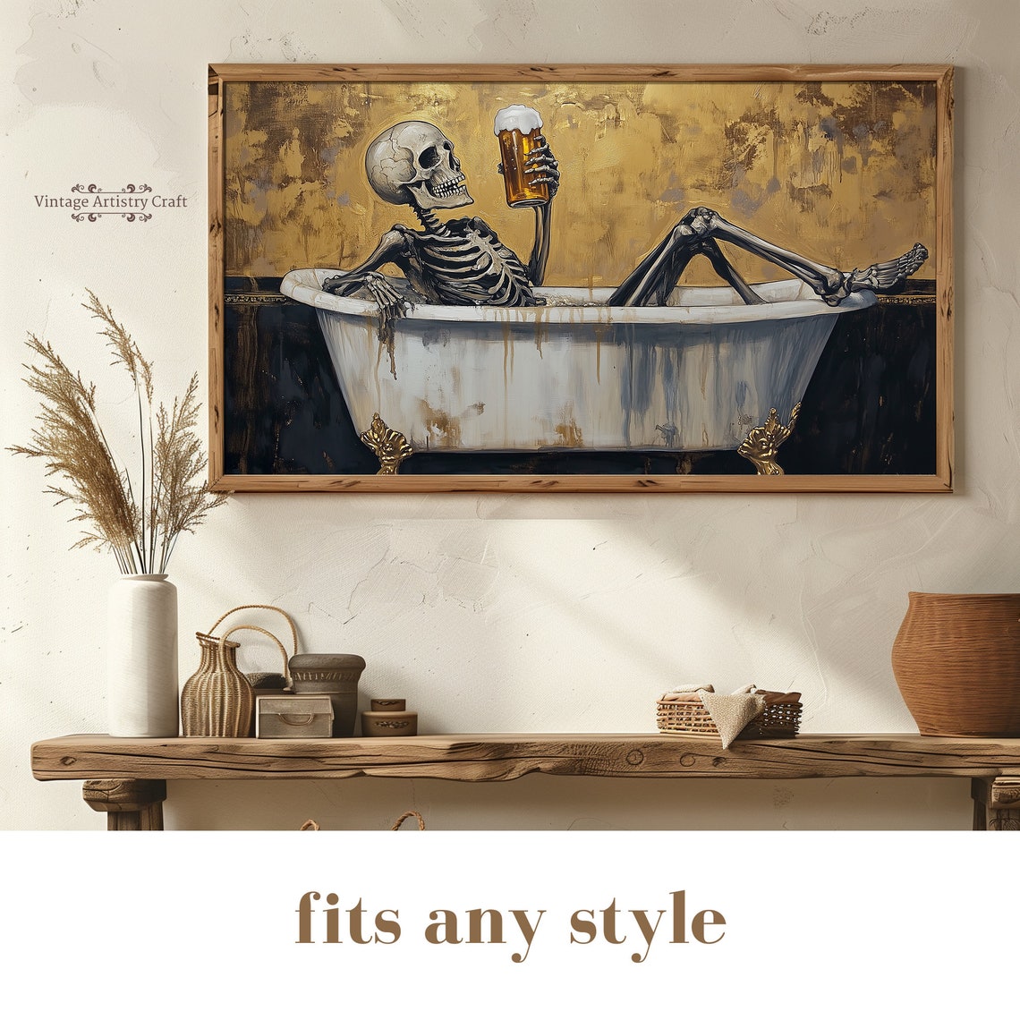 Funny Skeleton Bathtub Beer Gold Gothic Halloween Painting Poster - Image 8