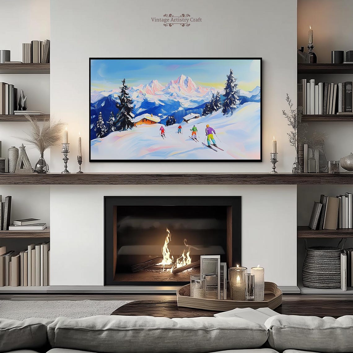 Skiers Alpine Slope Snowy Mountain Winter Sports Painting Poster - Image 3