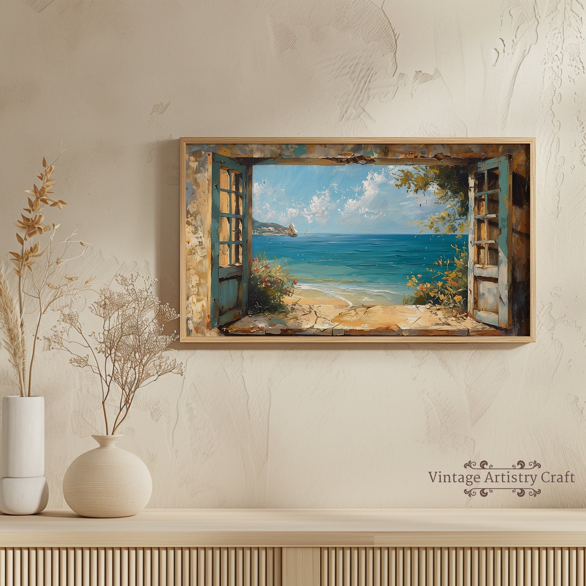 Open Doors to the Sea Vintage Coastal Window Seascape Oil Poster - Image 7