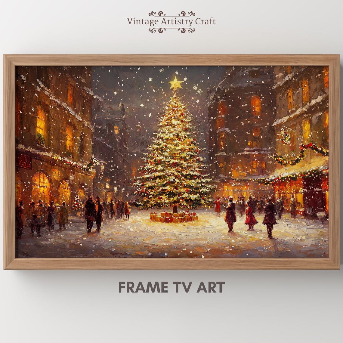 Christmas Tree Gifts Snowy Town Square Winter Night Market Poster